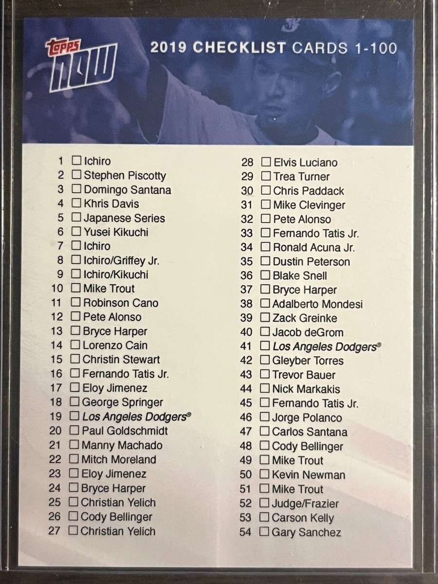 2019 Topps Now #CL-1 Checklist 1-100 Ichiro Suzuki Seattle