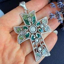 Vintage Large Christian Cross Pendant Green Stained Glass Silver Plated Jewelry