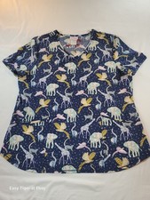 Scrubstar Magical Menagerie Scrub Top XL Navy Blue Elephant Giraffe Lemur Bird