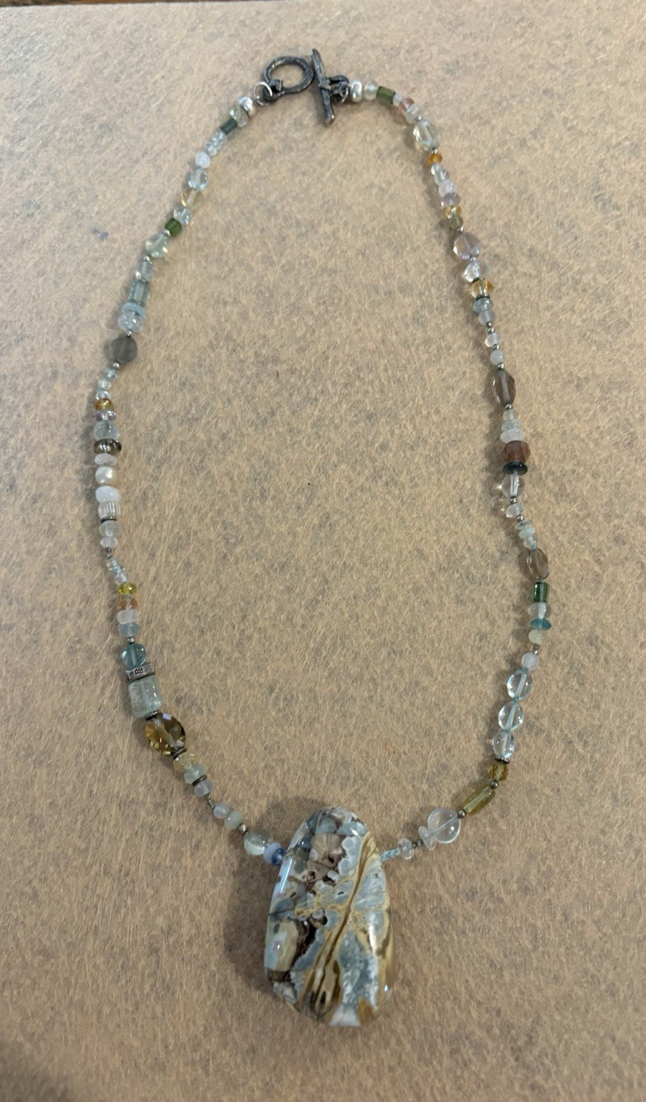 Jes Maharry Stones And Beaded Necklace With Big Stone Blue And Tan Pendant