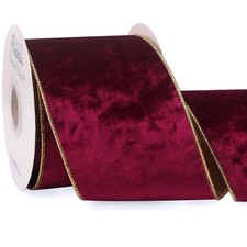 Metallic Burgundy Gold Crushed Velvet Wired Ribbon 4 Inch x 10 Yards Christmas