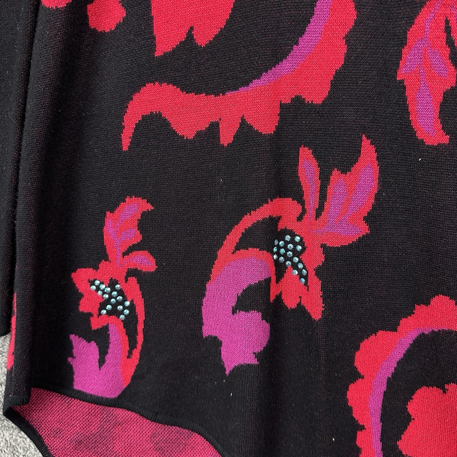 Joan Vass Rayon Knit Tunic Sweater Large Black Pink Floral Asymmetrical EUC