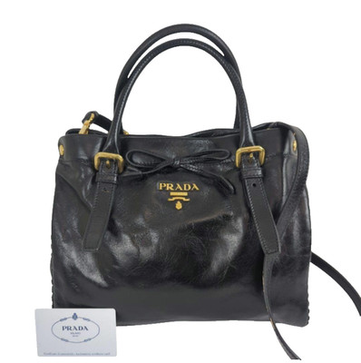 Authentic Prada Ribbon Calf Leather Black 2Way Hand Bag Shoulder Bag Vintage