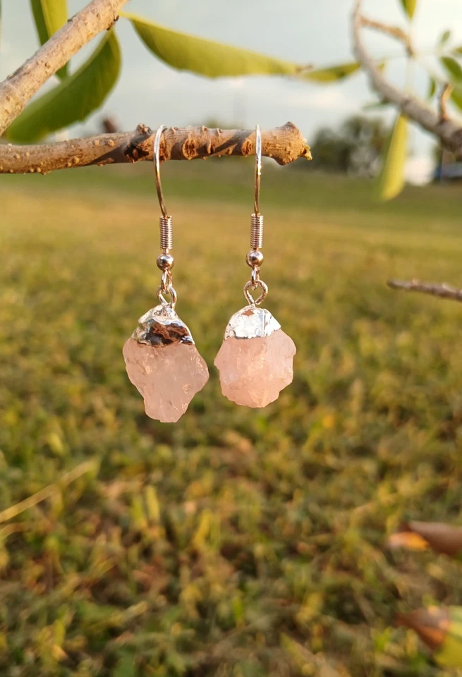 Pendientes de cuarzo rosa colgantes cristal natural piedra preciosa rosa Foto 2 de 4