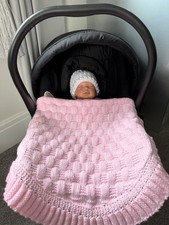 Hand Knitted Baby Car Seat Blanket Pink with frill  basket weave warm and soft