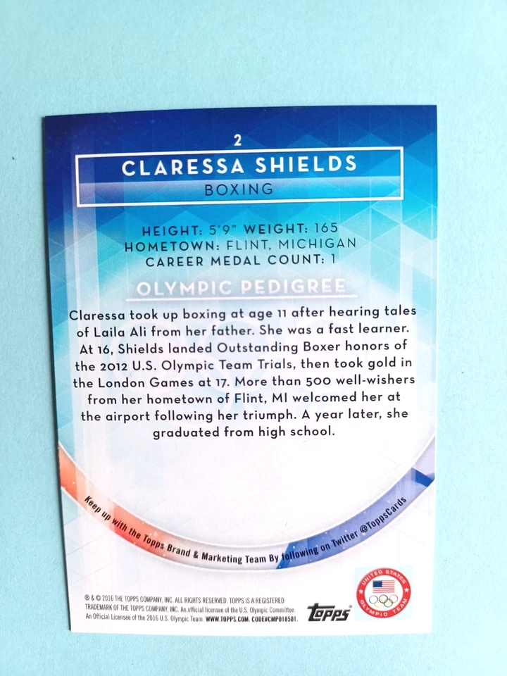 2016 TOPPS OLYMPICS CLARESSA SHIELDS #2 RC ROOKIE TEAM USA BOXING MMA - Image 2 of 2