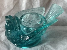 Aqua Dehenhart Vintage Vaseline Glass Open Salt Cellar Dish Bird & Berry