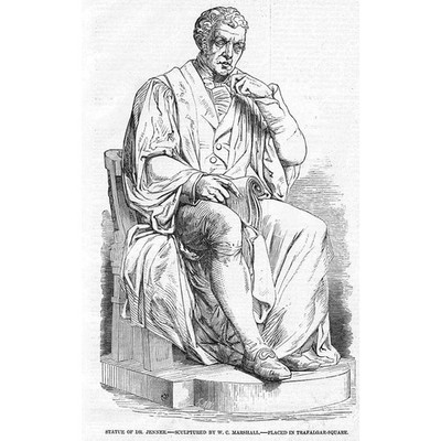 DR EDWARD JENNER Statue des Pocken-Impfstoff-Erfinders - antiker Druck 1858