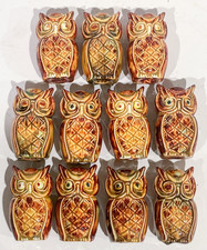 Vintage Ceramic OWL Macrame BEADS Glazed Art Pottery Set of 11 Beads GRANDMACORE