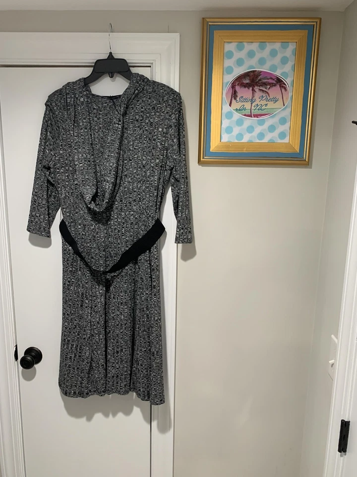Robbie Bee Dress Womens Petite XL Black Gray Cowl Neck Belted Fit and Flare - Image 2 of 4