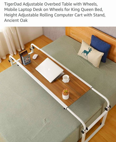 TigerDad Overbed Table Adjustable Height w/ Wheels Metal White/Brown Rectangle