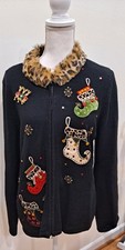 Tiara International Christmas Collection Cardigan Sweater L Ugly Faux Fur Collar