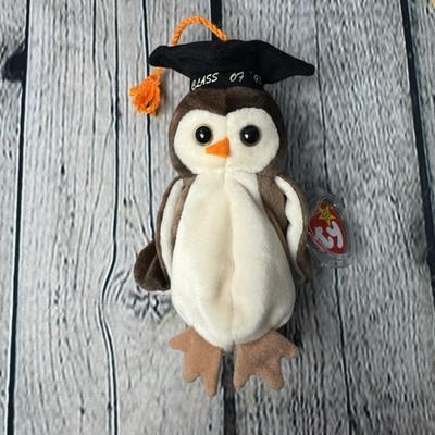 TY Beanie Babies Brown White Wise Owl Plush Black Graduation Cap Class of 98 