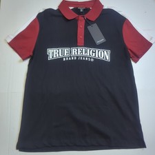 New True Religion Men's Polo Shirt small Black Burgundy Spell Out Logo Collared
