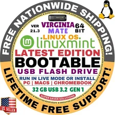Linux MINT 21.3 USB VIRGINIA Mate 64-Bit Live Boot, Full Install for MAC, PC