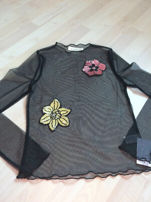 twinkle * Netzshirt * Gr. S * schwarz mit Pailletten Blumen * langarm * NEU