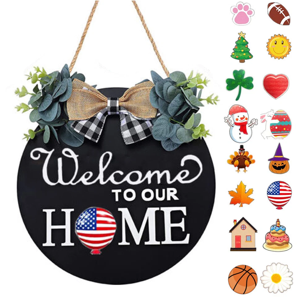 16PCS Interchangeable Sign Front Door Seasonal Welcome Round Fall Wood Wreath - Image 2 of 4