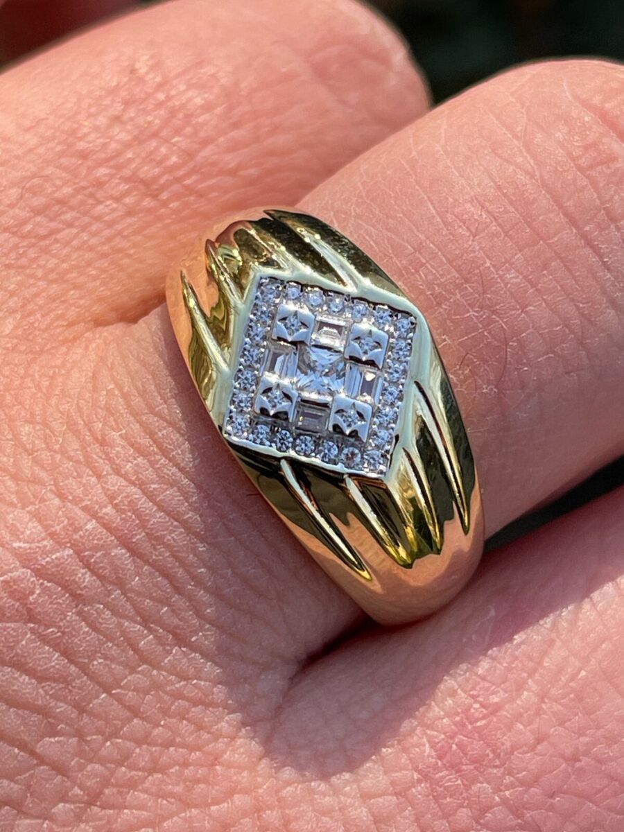 Solid 925 Sterling Silver 14k Gold Plated Iced CZ Ring Mens Solid 925 Sterling Silver 14k Gold Plated Iced CZ Ring Mens