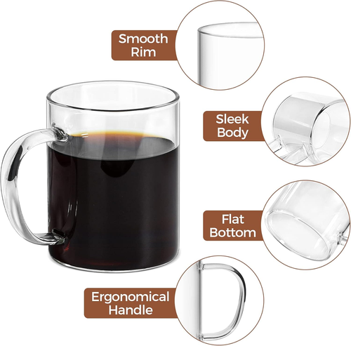 400Ml Glass Coffee Mugs Set of 4, Clear Glass Coffee Cup with Big Handle, Large - Picture 3 of 12