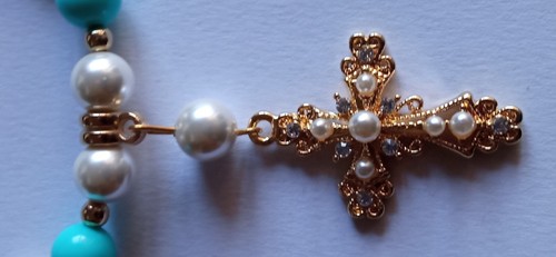 Collana perle irregolari di fiume+perle di majorca+tondi pasta di turchese+croce - Picture 16 of 16