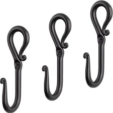3 PackWall Mount J Hook, Wrought Iron Decorative Black Wall Hooks for Hanging