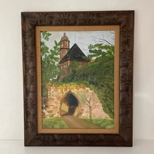 Vintage Mid Century Architectural Landscape Painting 27x33" Turret Bridge Tunnel