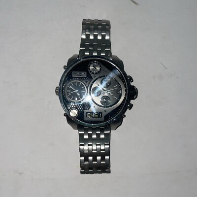 NEW DIESEL DZ7221 BIG DADDY SILVER STRAP BLACK DIAL