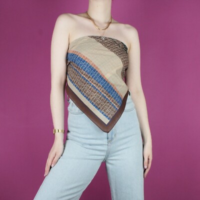 Vintage 70er 80er braun Streifenmuster Schal Bluse bauchfreies Einstecktuch Top Small 10