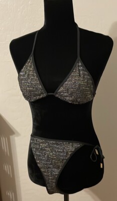 Silver Sparkle Stretch String Bikini Tie Close Missing 1 Gold Clasp Medium 34B