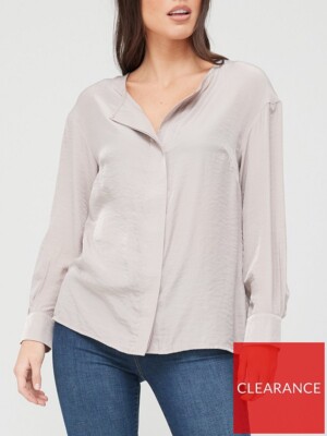 V By Very Half Placket Pleated High Neck T Shirt Top Blouse - Beige UK Size 10