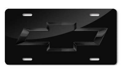 Chevy Bowtie Black Glossy Chrome look on Carbn-fiber FLAT License Plate 12''x6''
