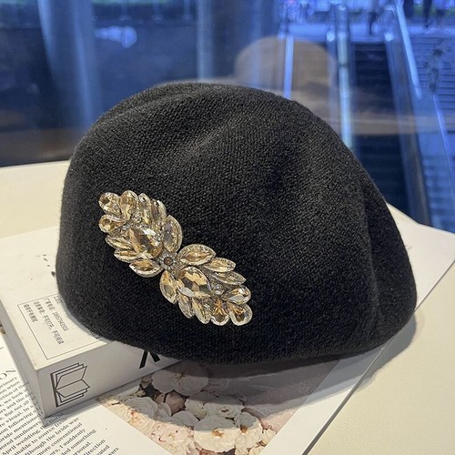 Cappello berretto donna lavorato a maglia strass cappello fiore artista pittore cappello retrò inverno - Foto 14 di 15