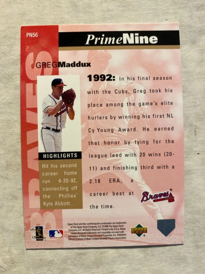 1998 Upper Deck Prime Nine #PN56 Braves HOF Greg Maddux Baseball Card - Image 2 of 2