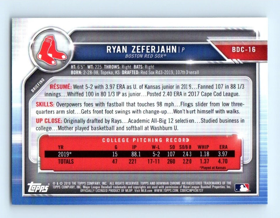 2019 Bowman Chrome Draft Ryan Zeferjahn Boston Red Sox #BDC-16 - Image 2 of 2