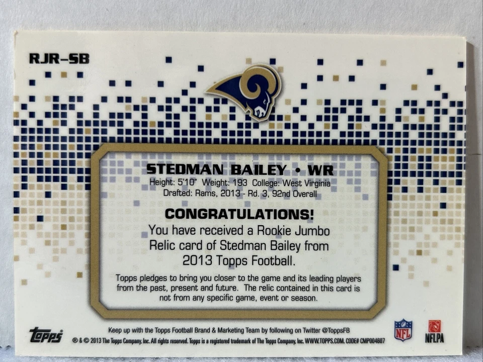 Stedman Bailey 2013 Topps - Rookie Jumbo Relic #RJR-SB Los Angeles Rams - Image 2 of 4