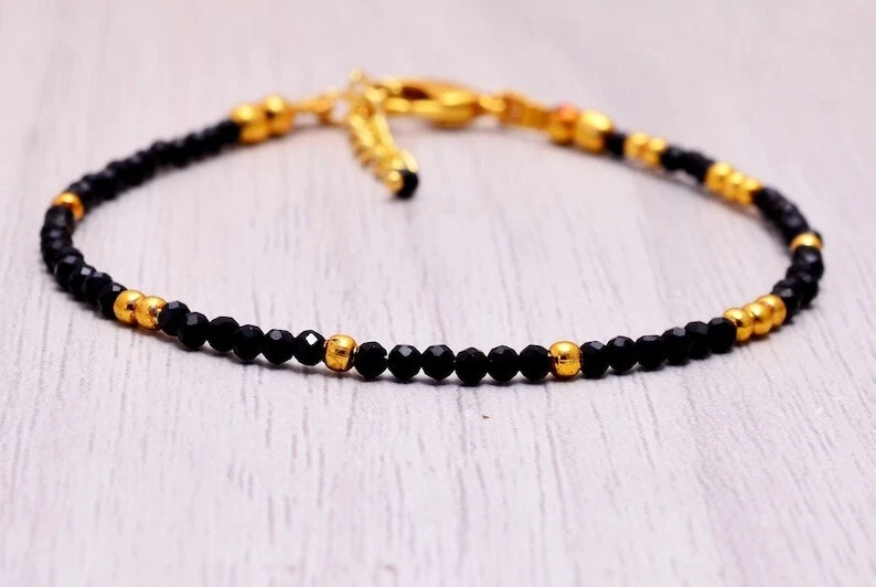 Pulseira feita à mão de contas folheadas a ouro pedra preciosa redonda facetada hematita natural 6-8" - Imagem 4 de 4