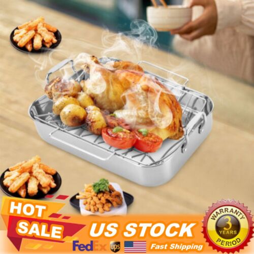16.5 Inch Roasting Pan with Rack Stainless Steel Rectangular Turkey Roaster Pan
