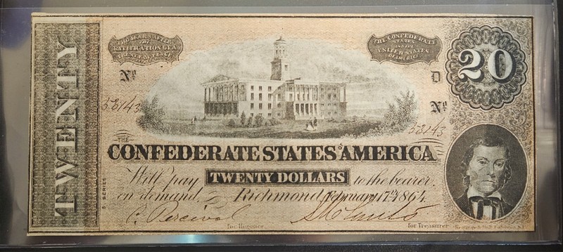 1864 17th February $20 Confederate States of America Note Type 67 SN53143