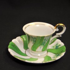 UCAGCO Demitasse Cup Saucer Occupied Japan 1945-1952 Fluted Green Swirls w/Gold