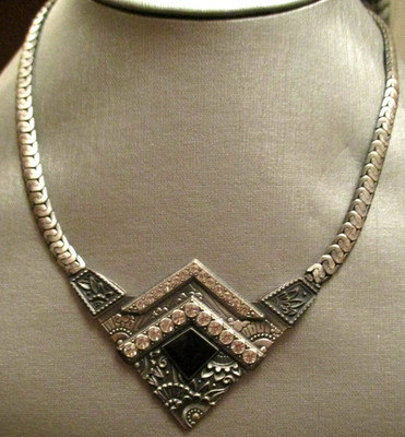 VTG. ART DEO STYLE SIGNED DURI PEWTER, CZ & BLACK ONYX  NECKLACE