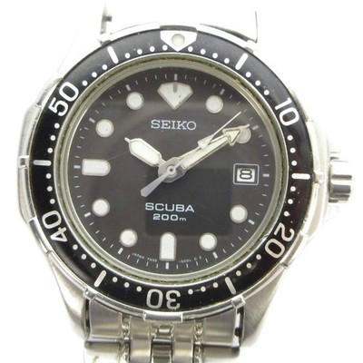 SEIKO 7M35 600A SCUBA 200m Watch Quartz Calendar Date Black Dial Silver Color