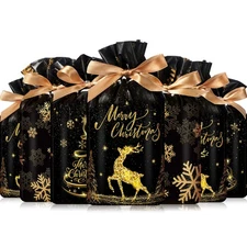 60 Pcs Christmas Treat Bags Black Gold Christmas Gift Bags Plastic Xmas Draws...