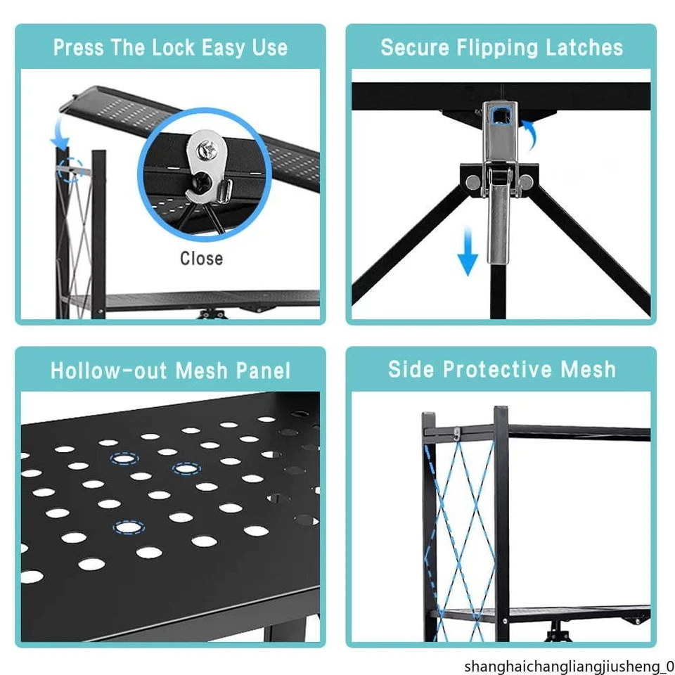 4-Tier Foldable Metal Shelf 28"x13"x50" | Wheels & Hooks Garage Kitchen Foto 3 de 4