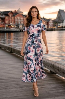 London times Multi Color Cold Shoulder Cinch-Waist 8 Floral Long Maxi dress #C