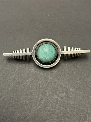 N M Thune Norway 925S Sterling Fletched Wing Pin With Green Amazonite Center