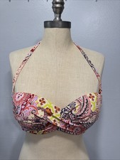 Victoria Secret Halter Bikini Top 36C Womens Pink Floral Swimwear Padded Pool