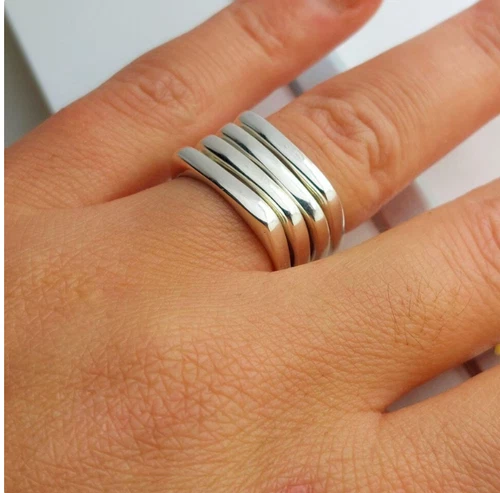 Minimalist Sterling 925 Silver Square Ring Set of 4 - Unique Geometric  All Size