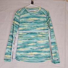 Simms SolarFlex Fishing Shirt Womens Medium Long Slv Green Yellow Pullover UPF50