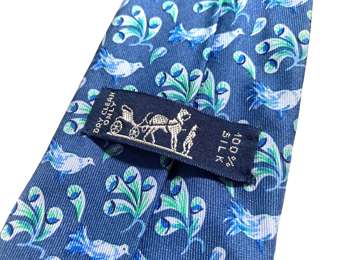 HERMES VINTAGE BIRD TRUMPET FLOWER TIE WILD PLANT NATURE HIGH END FRANCE BLUE View 2