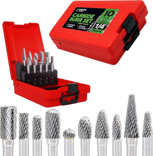 Carbide Burr Set 1/4" Shank – 10 Pcs Double Cut Die Grinder Bits for Milling